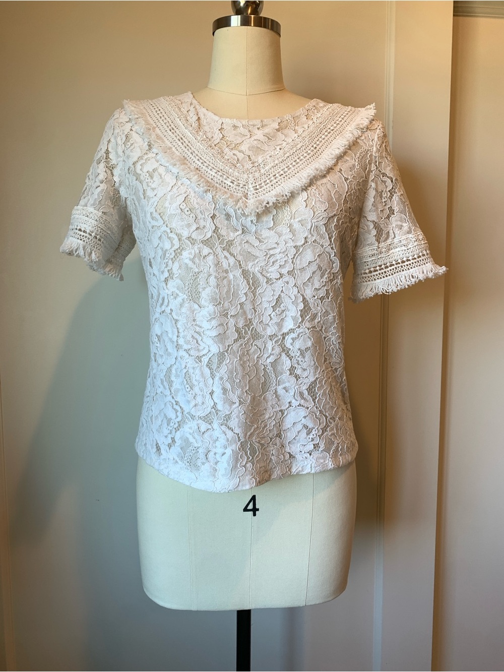 Amy Lynn White Lace Short Sleeve Blouse with Crochet Yoke